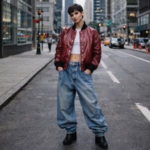 Burgundy Patent Leather Soft Grunge Bomber Jacket NWT L Euro Underground